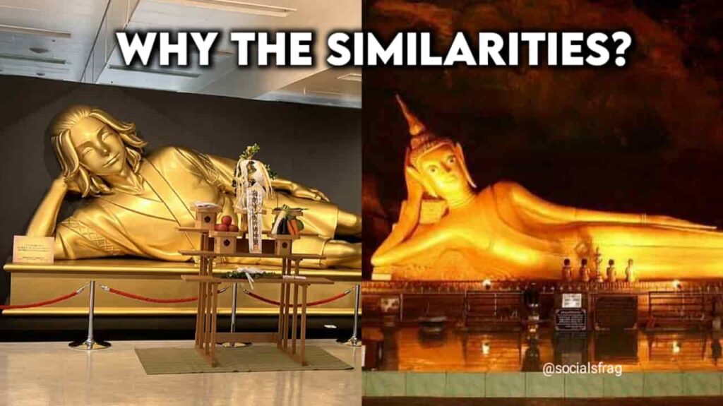 Mikey golden statue and buddha statue similarities