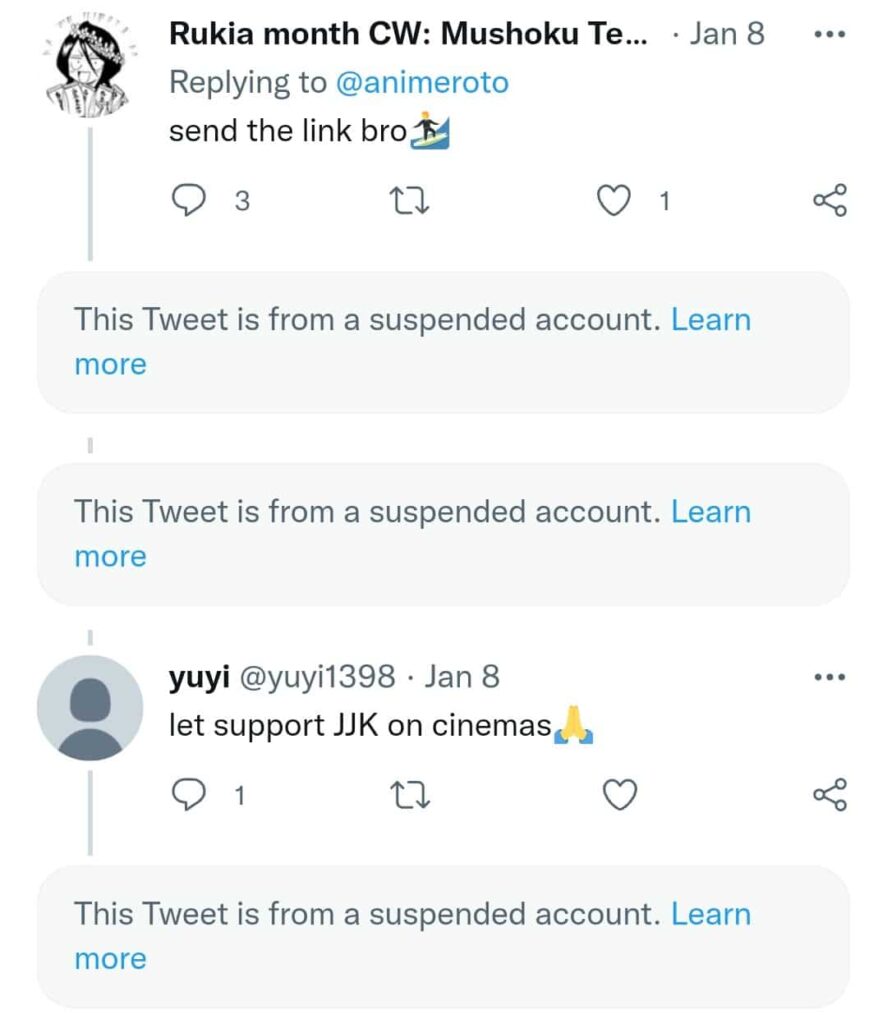 Jujutsu Kaisen 0 movie leak link account suspended by twitter